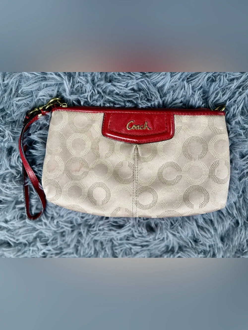 Coach Beige Signature Canvas clutch gold with Red Leather Trim good condition